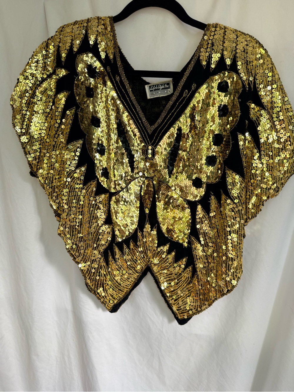VINTAGE Gold Sequin Butterfly V-Neck Blouse - Picture 3 of 7